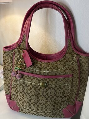 Coach Beige Signature Canvas Tote with Pink Trim & Cherry Charm